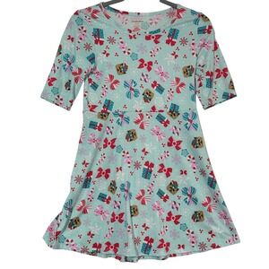 Nickelodeon Kids L 10/12 Christmas Holiday Dress Gifts Bows Dogs Snowflakes Aqua